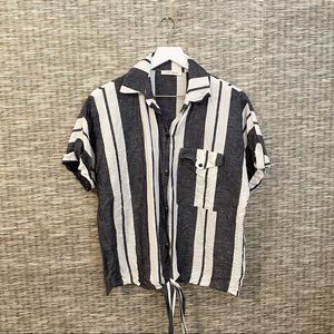 Gray & White Striped Front Tie Shirt